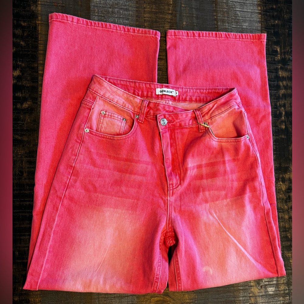 NWT Women's Pink High Waisted Crossover Jeans Wide Leg Stretchable Casual Size 8 - Picture 13 of 16